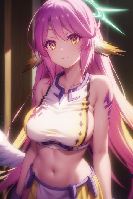 jibril, <lora:jibril s1-lora-nochekaiser:1>, BREAK jibril, angel, angel wings, animal ears, bird ears, compass rose halo, feathered wings, feathers, gradient hair, halo, long hair, low wings, multicolored hair, navel, pink hair, symbol-shaped pupils, tattoo, white wings, wing ears, wings, (yellow eyes:1.5), smile,BREAK asymmetrical legwear, crop top, cross, gloves, mismatched legwear, sideboob,BREAK indoors, library,BREAK looking at viewer, (cowboy shot:1.5),BREAK <lyco:GoodHands-beta2:1>, (masterpiece:1.2), best quality, high resolution, unity 8k wallpaper, (illustration:0.8), (beautiful detailed eyes:1.6), extremely detailed face, perfect lighting, extremely detailed CG, (perfect hands, perfect anatomy),