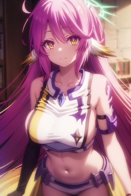 jibril, <lora:jibril s1-lora-nochekaiser:1>, BREAK jibril, angel, angel wings, animal ears, bird ears, compass rose halo, feathered wings, feathers, gradient hair, halo, long hair, low wings, multicolored hair, navel, pink hair, symbol-shaped pupils, tattoo, white wings, wing ears, wings, (yellow eyes:1.5), smile,BREAK asymmetrical legwear, crop top, cross, gloves, mismatched legwear, sideboob,BREAK indoors, library,BREAK looking at viewer, (cowboy shot:1.5),BREAK <lyco:GoodHands-beta2:1>, (masterpiece:1.2), best quality, high resolution, unity 8k wallpaper, (illustration:0.8), (beautiful detailed eyes:1.6), extremely detailed face, perfect lighting, extremely detailed CG, (perfect hands, perfect anatomy),