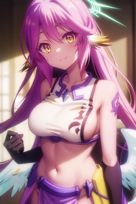 jibril, <lora:jibril s1-lora-nochekaiser:1>, BREAK jibril, angel, angel wings, animal ears, bird ears, compass rose halo, feathered wings, feathers, gradient hair, halo, long hair, low wings, multicolored hair, navel, pink hair, symbol-shaped pupils, tattoo, white wings, wing ears, wings, (yellow eyes:1.5), smile,BREAK asymmetrical legwear, crop top, cross, gloves, mismatched legwear, sideboob,BREAK indoors, library,BREAK looking at viewer, (cowboy shot:1.5),BREAK <lyco:GoodHands-beta2:1>, (masterpiece:1.2), best quality, high resolution, unity 8k wallpaper, (illustration:0.8), (beautiful detailed eyes:1.6), extremely detailed face, perfect lighting, extremely detailed CG, (perfect hands, perfect anatomy),