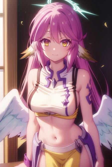 jibril, <lora:jibril s1-lora-nochekaiser:1>, BREAK jibril, angel, angel wings, animal ears, bird ears, compass rose halo, feathered wings, feathers, gradient hair, halo, long hair, low wings, multicolored hair, navel, pink hair, symbol-shaped pupils, tattoo, white wings, wing ears, wings, (yellow eyes:1.5), smile,BREAK asymmetrical legwear, crop top, cross, gloves, mismatched legwear, sideboob,BREAK indoors, library,BREAK looking at viewer, (cowboy shot:1.5),BREAK <lyco:GoodHands-beta2:1>, (masterpiece:1.2), best quality, high resolution, unity 8k wallpaper, (illustration:0.8), (beautiful detailed eyes:1.6), extremely detailed face, perfect lighting, extremely detailed CG, (perfect hands, perfect anatomy),