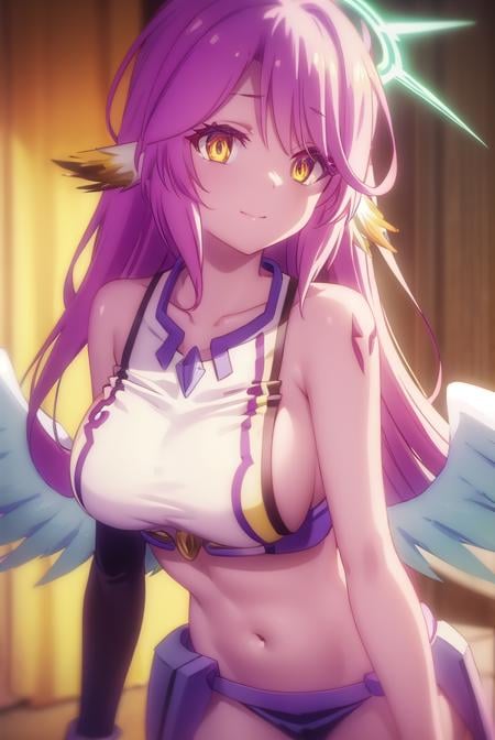 jibril, <lora:jibril s1-lora-nochekaiser:1>, BREAK jibril, angel, angel wings, animal ears, bird ears, compass rose halo, feathered wings, feathers, gradient hair, halo, long hair, low wings, multicolored hair, navel, pink hair, symbol-shaped pupils, tattoo, white wings, wing ears, wings, (yellow eyes:1.5), smile,BREAK asymmetrical legwear, crop top, cross, gloves, mismatched legwear, sideboob,BREAK indoors, library,BREAK looking at viewer, (cowboy shot:1.5),BREAK <lyco:GoodHands-beta2:1>, (masterpiece:1.2), best quality, high resolution, unity 8k wallpaper, (illustration:0.8), (beautiful detailed eyes:1.6), extremely detailed face, perfect lighting, extremely detailed CG, (perfect hands, perfect anatomy),