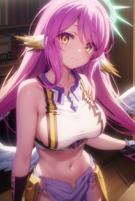 jibril, <lora:jibril s1-lora-nochekaiser:1>, BREAK jibril, angel, angel wings, animal ears, bird ears, compass rose halo, feathered wings, feathers, gradient hair, halo, long hair, low wings, multicolored hair, navel, pink hair, symbol-shaped pupils, tattoo, white wings, wing ears, wings, (yellow eyes:1.5), smile,BREAK asymmetrical legwear, crop top, cross, gloves, mismatched legwear, sideboob,BREAK indoors, library,BREAK looking at viewer, (cowboy shot:1.5),BREAK <lyco:GoodHands-beta2:1>, (masterpiece:1.2), best quality, high resolution, unity 8k wallpaper, (illustration:0.8), (beautiful detailed eyes:1.6), extremely detailed face, perfect lighting, extremely detailed CG, (perfect hands, perfect anatomy),