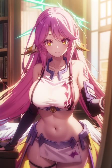 jibril, <lora:jibril s1-lora-nochekaiser:1>, BREAK jibril, angel, angel wings, animal ears, bird ears, compass rose halo, feathered wings, feathers, gradient hair, halo, long hair, low wings, multicolored hair, navel, pink hair, symbol-shaped pupils, tattoo, white wings, wing ears, wings, (yellow eyes:1.5), smile,BREAK asymmetrical legwear, crop top, cross, gloves, mismatched legwear, sideboob,BREAK indoors, library,BREAK looking at viewer, (cowboy shot:1.5),BREAK <lyco:GoodHands-beta2:1>, (masterpiece:1.2), best quality, high resolution, unity 8k wallpaper, (illustration:0.8), (beautiful detailed eyes:1.6), extremely detailed face, perfect lighting, extremely detailed CG, (perfect hands, perfect anatomy),