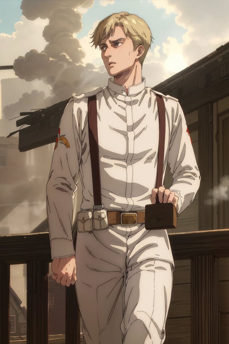 solo male, Colt Grice, blond hair, light hazel eyes, tall, white Marleyan soldier uniform, (standing collar, mandarin collar, light collar:1.2), light pants, (black suspender straps, black belt, supply packs), tall combat boots, young, handsome, charming, alluring, perfect anatomy, perfect proportions, best quality, masterpiece, high_resolution, standing, upper body, dutch angle, cowboy shot, photo background, germany city, day, ((wide avenue, high timber frame townhouse, historical building)), ((battlefield, steamy, smoky, sad, backlight, golden glare, fire))