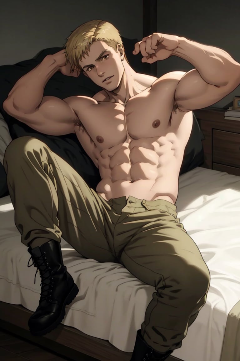 solo male, Colt Grice, blond hair, light hazel eyes, tall, military green pants, (topless, bare neck, bare chest, bare belly, bare shoulders, bare arms), light pants, tall combat boots, young, handsome, charming, alluring, perfect anatomy, perfect proportions, best quality, masterpiece, high_resolution, dutch angle, photo background,  lying on bed, on back, spread legs, open fly, shy,  