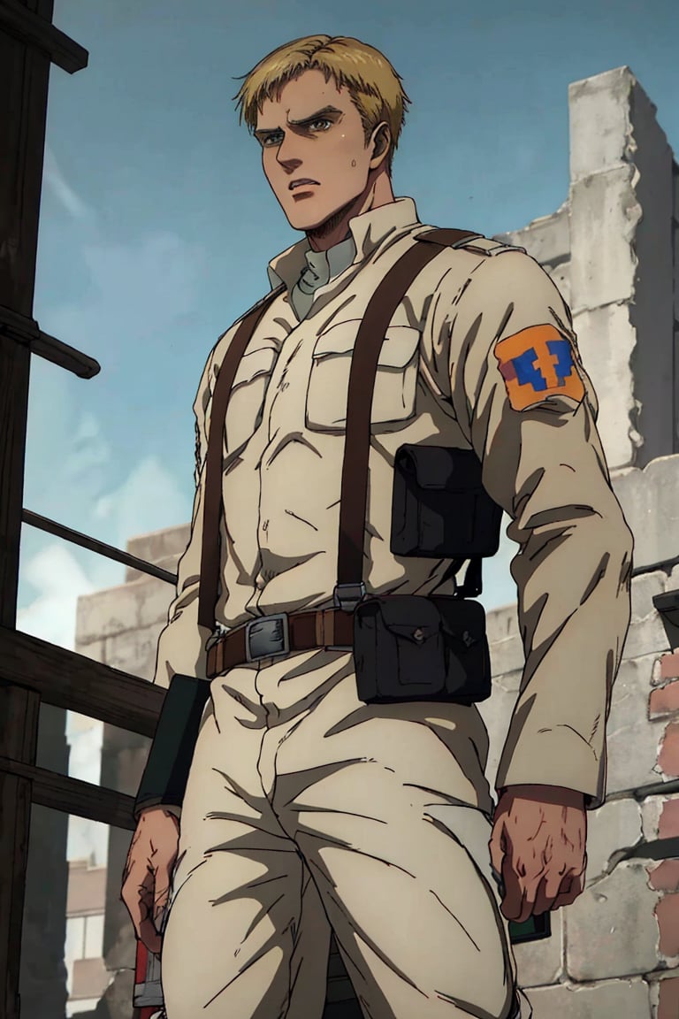 solo male, Colt Grice, Attack on Titan, blond hair, light hazel eyes, tall, Marleyan soldier uniform, jacket, light pants, supply packs on hip, suspender straps, tall combat boots, yellow Eldian armband, handsome, charming, alluring, standing, upper body, perfect anatomy, perfect proportions, best quality, masterpiece, high_resolution, dutch angle, cowboy shot, photo background,Colt Grice