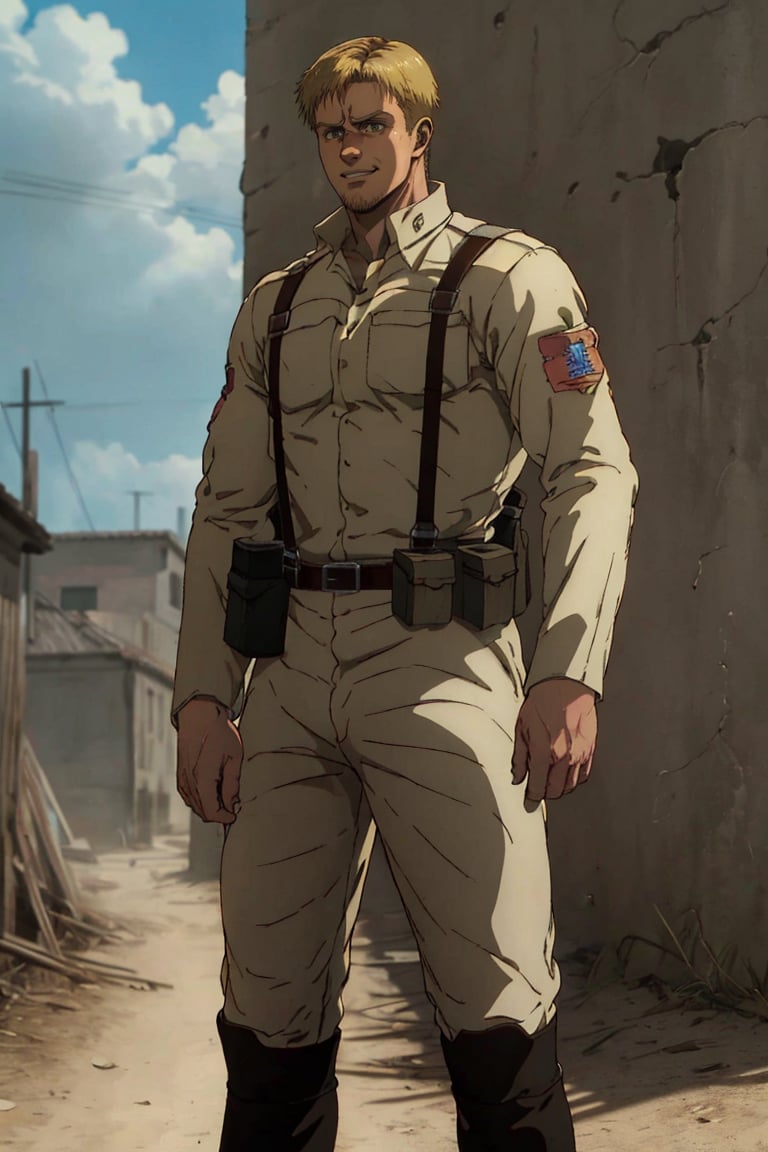 solo male, Colt Grice, Attack on Titan, blond hair, light hazel eyes, tall, Marleyan soldier uniform, (((standing collar))), light pants, supply packs on hip, suspender straps, tall combat boots, single yellow Eldian armband around the arm, handsome, charming, alluring, sad smile, standing, upper body, perfect anatomy, perfect proportions, best quality, masterpiece, high_resolution, dutch angle, cowboy shot, photo background