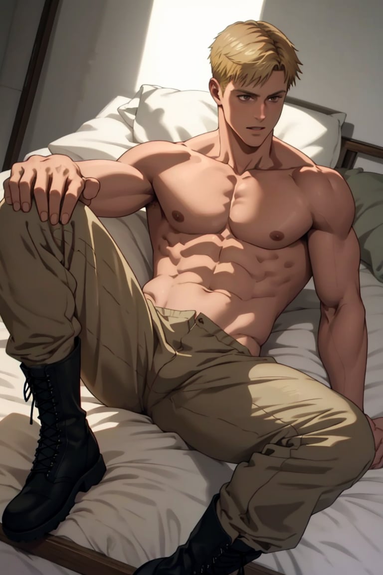 solo male, Colt Grice, blond hair, light hazel eyes, tall, military green pants, (topless, bare neck, bare chest, bare belly, bare shoulders, bare arms), light pants, tall combat boots, young, handsome, charming, alluring, perfect anatomy, perfect proportions, best quality, masterpiece, high_resolution, dutch angle, photo background,  lying on bed, on back, spread legs, open fly, shy,  