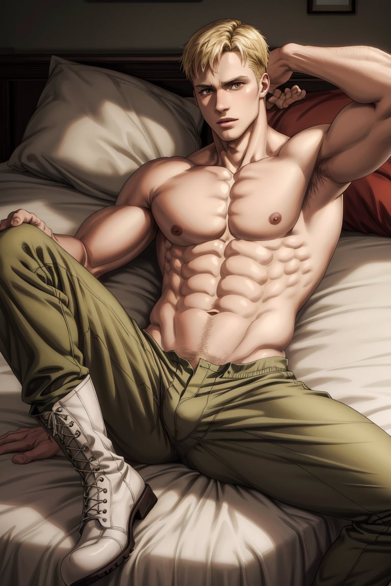 solo male, Colt Grice, blond hair, light hazel eyes, tall, military green pants, (topless, bare neck, bare chest, bare belly, bare shoulders, bare arms), light pants, tall combat boots, young, handsome, charming, alluring, perfect anatomy, perfect proportions, best quality, masterpiece, high_resolution, dutch angle, photo background,  lying on bed, on back, spread legs, open fly, shy,  