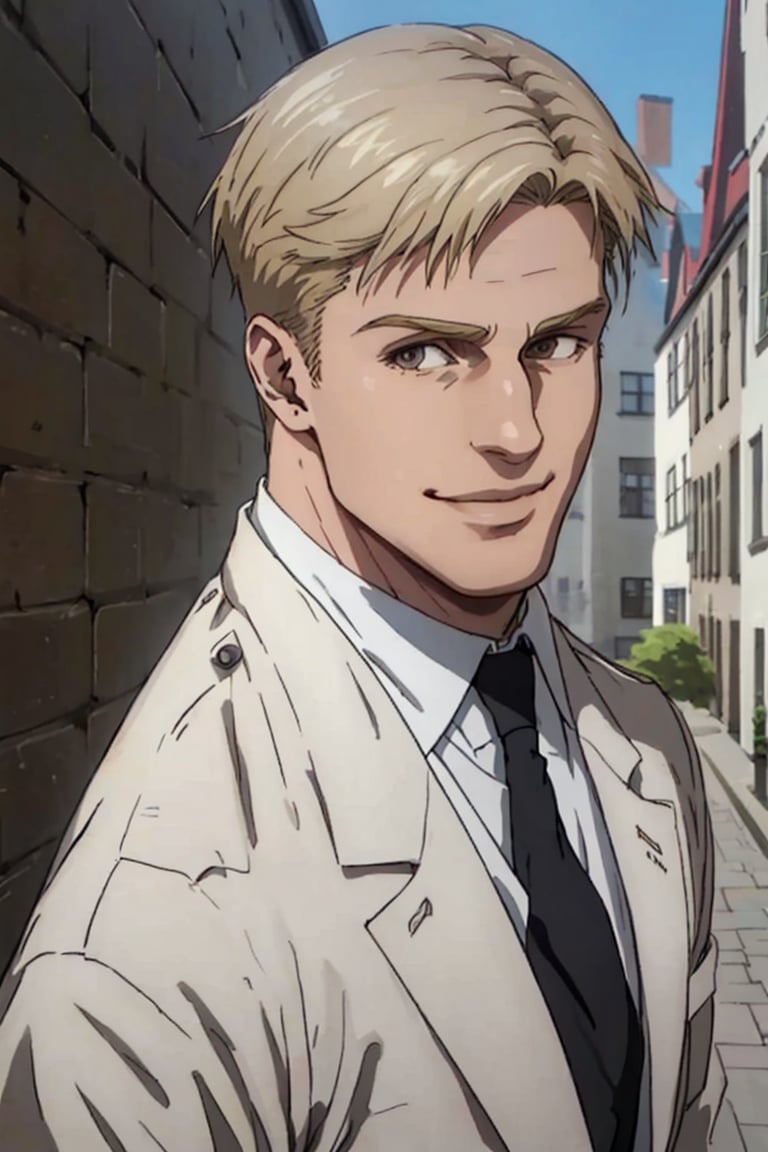 solo male, Colt Grice, blond hair, light hazel eyes, tall, Marleyan soldier uniform, (white collar, shirt, black necktie:1.2), light trench coat, light pants, tall combat boots, handsome, charming, alluring, thin smile, standing, (portrait, headshot, close-up:1.3), perfect anatomy, perfect proportions, best quality, masterpiece, high_resolution, dutch angle, photo background, medieval germany city wide avenue, day, high building, multiple floor townhouse