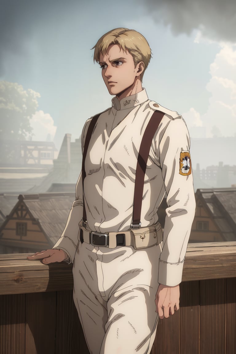 solo male, Colt Grice, blond hair, light hazel eyes, tall, white Marleyan soldier uniform, (standing collar, mandarin collar, light collar:1.2), light pants, (black suspender straps, black belt, supply packs), tall combat boots, young, handsome, charming, alluring, perfect anatomy, perfect proportions, best quality, masterpiece, high_resolution, standing, upper body, dutch angle, cowboy shot, photo background, germany city, day, ((wide avenue, high timber frame townhouse, historical building)), battlefield, steamy, smoky, sad, backlight, golden light