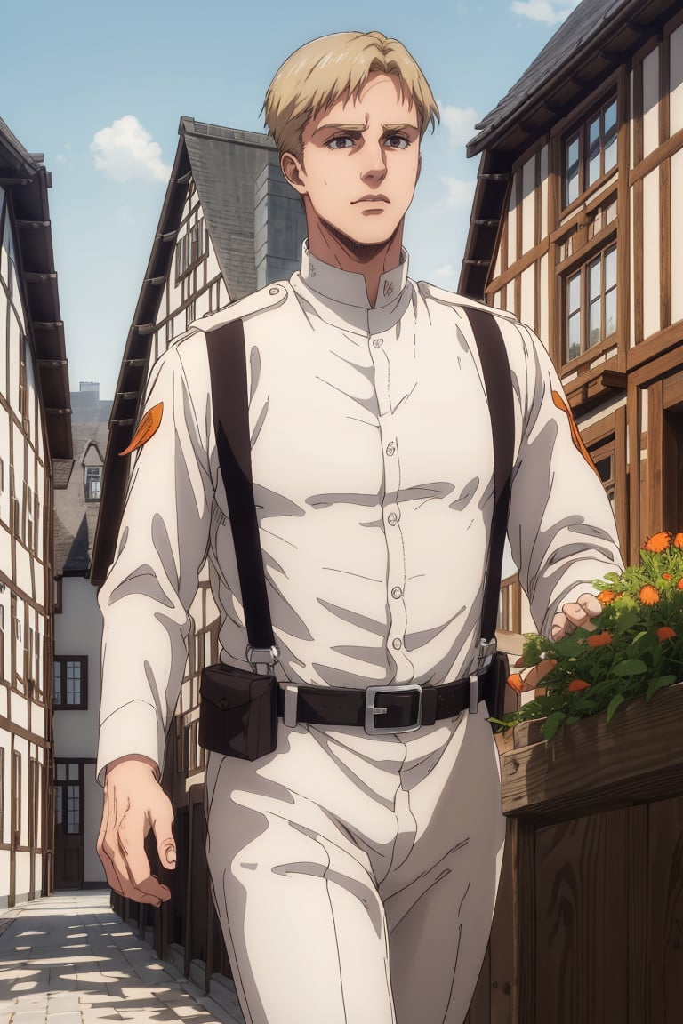 solo male, Colt Grice, blond hair, light hazel eyes, tall, white Marleyan soldier uniform, (standing collar, mandarin collar, light collar:1.2), light pants, (black suspender straps, black belt, supply packs), tall combat boots, young, handsome, charming, alluring, perfect anatomy, perfect proportions, best quality, masterpiece, high_resolution, standing, upper body, dutch angle, cowboy shot, photo background, germany city, day, ((wide avenue, high timber frame townhouse, historical building))