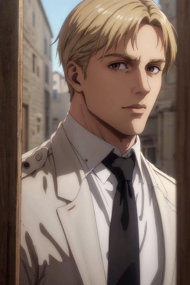 solo male, Colt Grice, blond hair, light hazel eyes, tall, Marleyan soldier uniform, (white collar, shirt, black necktie:1.2), light trench coat, light pants, tall combat boots, young, handsome, charming, alluring, standing, (portrait, headshot, close-up:1.3), perfect anatomy, perfect proportions, best quality, masterpiece, high_resolution, dutch angle, photo background, medieval italian city wide avenue, day, high building, multiple floor townhouse