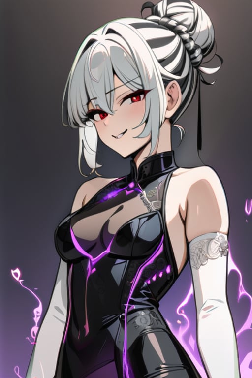 1 girl, alone, standing, (masterpiece, best quality: 1.4), (beautiful, perfect, delicate, detailed, intricate, aesthetic: 1.2), upper body, medium chest, chest, thigh, toothy smile, bangs, decorative hair, red eyes, hair between the eyes, gray hair, bun, smile, simple bun, hair up, bun at the nape of the neck, white hair and black lines, two-tone hair black and white lines, bun, white hair, hair black striped, two-tone hair, gloves, holding, bare shoulders, pantyhose, shorts, sleeveless, black gloves, elbow-length gloves, fingerless gloves, arms, black shorts, aura, violet aura, body emitting aura, violet flames