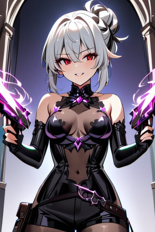 1 girl, alone, standing, (masterpiece, best quality: 1.4), (beautiful, perfect, delicate, detailed, intricate, aesthetic: 1.2), upper body, medium chest, chest, thigh, toothy smile, bangs, decorative hair, red eyes, hair between the eyes, gray hair, bun, smile, simple bun, hair up, bun at the nape of the neck, white hair and black lines, two-tone hair black and white lines, bun, white hair, hair black striped, two-tone hair, gloves, holding, bare shoulders, pantyhose, shorts, sleeveless, black gloves, elbow-length gloves, fingerless gloves, arms, black shorts, aura, violet aura, body emitting aura, violet flames,dual pistols