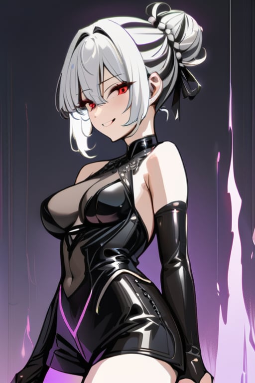 1 girl, alone, standing, (masterpiece, best quality: 1.4), (beautiful, perfect, delicate, detailed, intricate, aesthetic: 1.2), upper body, medium chest, chest, thigh, toothy smile, bangs, decorative hair, red eyes, hair between the eyes, gray hair, bun, smile, simple bun, hair up, bun at the nape of the neck, white hair and black lines, two-tone hair black and white lines, bun, white hair, hair black striped, two-tone hair, gloves, holding, bare shoulders, pantyhose, shorts, sleeveless, black gloves, elbow-length gloves, fingerless gloves, arms, black shorts, aura, violet aura, body emitting aura, violet flames