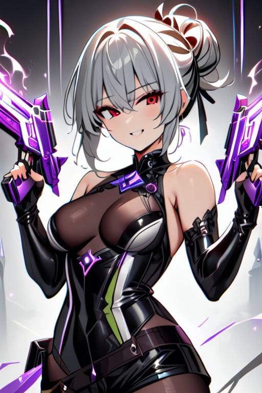 1 girl, alone, standing, (masterpiece, best quality: 1.4), (beautiful, perfect, delicate, detailed, intricate, aesthetic: 1.2), upper body, medium chest, chest, thigh, toothy smile, bangs, decorative hair, red eyes, hair between the eyes, gray hair, bun, smile, simple bun, hair up, bun at the nape of the neck, white hair and black lines, two-tone hair black and white lines, bun, white hair, hair black striped, two-tone hair, gloves, holding, bare shoulders, pantyhose, shorts, sleeveless, black gloves, elbow-length gloves, fingerless gloves, arms, black shorts, aura, violet aura, body emitting aura, violet flames,dual pistols