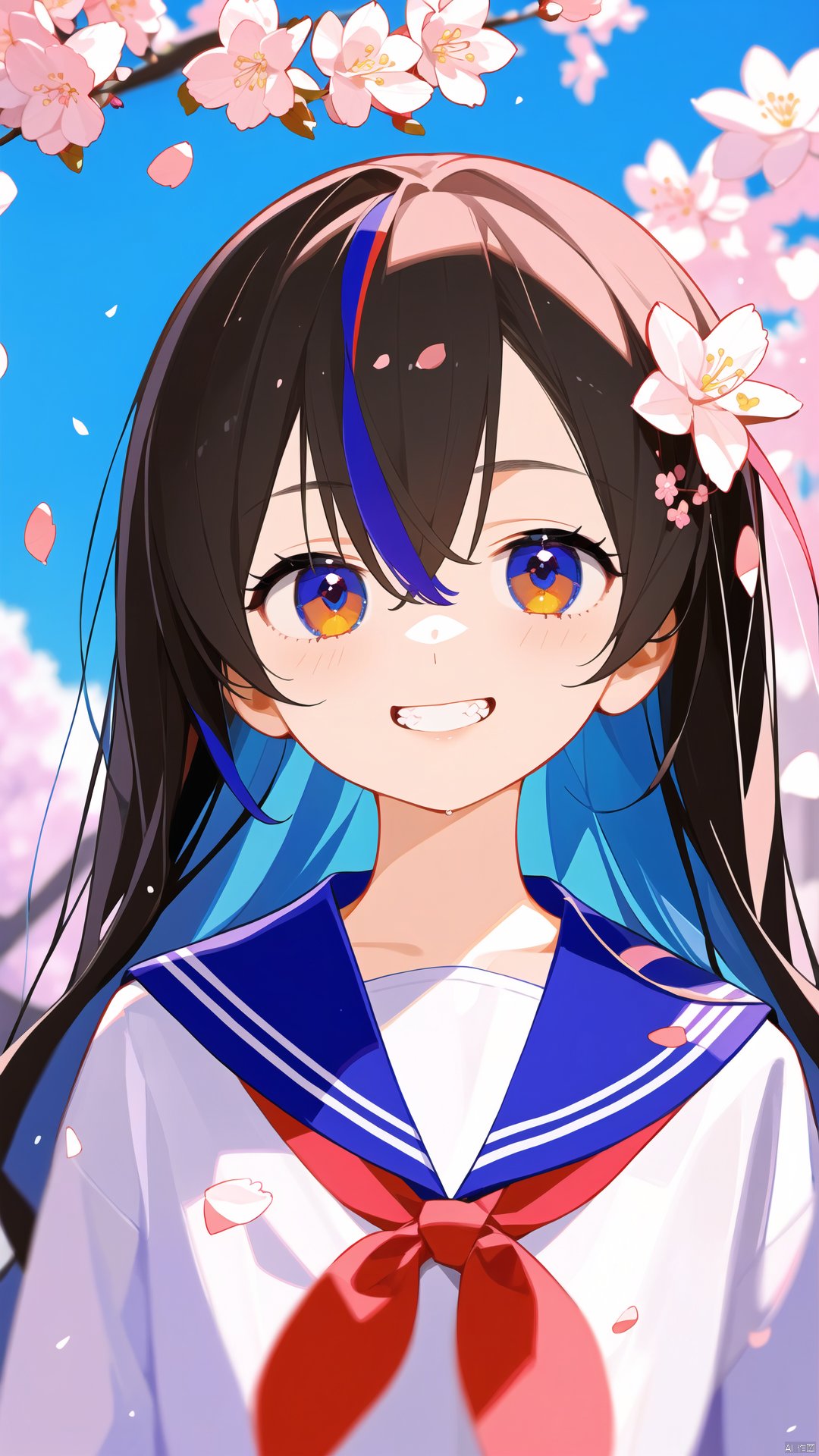  1girl, solo, best quality, detailed, colorful, portrait, upper body, looking at viewer, grin, teeth, hair between eyes, brown eyes, multicolored eyes, long hair, black hair, streaked hair, bangs, white shirt, serafuku, blue sailor collar, red neckerchief, cherry blossoms, branch, water, blue sky, cloud, blurry, pink flower, spring \(season\), tree, white flower, petals