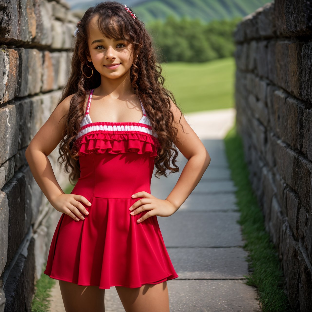 SFW, best quality, extra resolution, view from above, profile of cute (AIDA_LoRA_SabiC:1.32) <lora:AIDA_LoRA_SabiC:0.95> standing next to the stone wall, lovely girl, pretty face, red dress, long curly hair, naughty, funny, happy, playful, intimate, composition, studio photo, kkw-ph1, hdr, f1.5