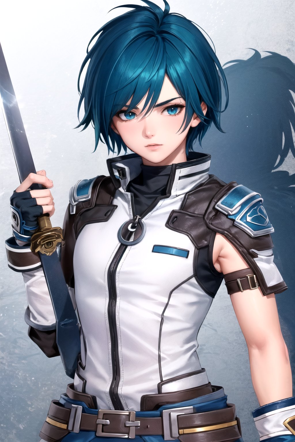 //Character, 1boy, solo,FaytLinegod_SO3, green eyes, blue hair, 
//Fashion, fingerless gloves, belt, weapon, sword, 
//Background, white background, 
//Quality, (masterpiece), best quality, ultra-high resolution, ultra-high definition, highres, intricate, intricate details, absurdres, highly detailed, finely detailed, ultra-detailed, ultra-high texture quality, natural lighting, natural shadow, dramatic shading, dramatic lighting, vivid colour, perfect anatomy, 
//Others, 