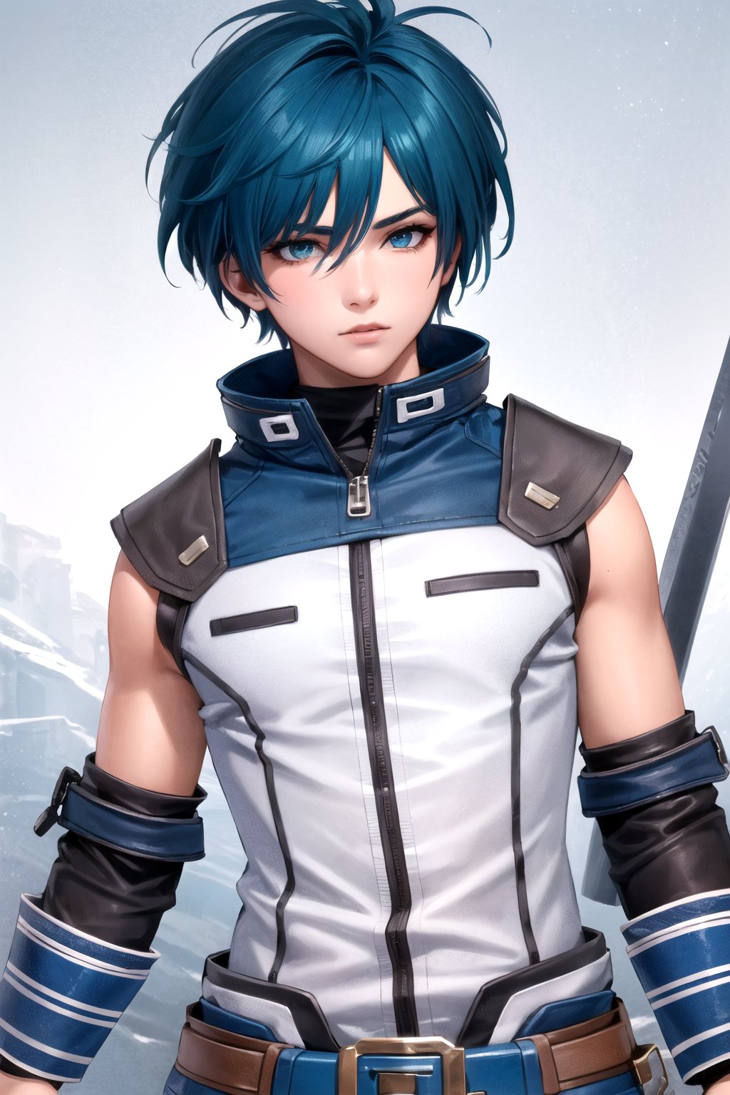 //Character, 1boy, solo,FaytLinegod_SO3, green eyes, blue hair, 
//Fashion, fingerless gloves, belt, weapon, sword, 
//Background, white background, 
//Quality, (masterpiece), best quality, ultra-high resolution, ultra-high definition, highres, intricate, intricate details, absurdres, highly detailed, finely detailed, ultra-detailed, ultra-high texture quality, natural lighting, natural shadow, dramatic shading, dramatic lighting, vivid colour, perfect anatomy, 
//Others, 