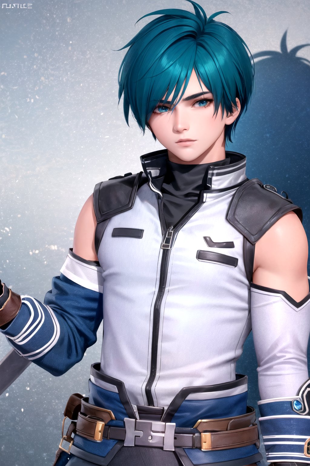//Character, 1boy, solo,FaytLinegod_SO3, green eyes, blue hair, male focus, 
//Fashion, fingerless gloves, belt, weapon, sword, 
//Background, white background, 
//Quality, (masterpiece), best quality, ultra-high resolution, ultra-high definition, highres, intricate, intricate details, absurdres, highly detailed, finely detailed, ultra-detailed, ultra-high texture quality, natural lighting, natural shadow, dramatic shading, dramatic lighting, vivid colour, perfect anatomy, 
//Others, 