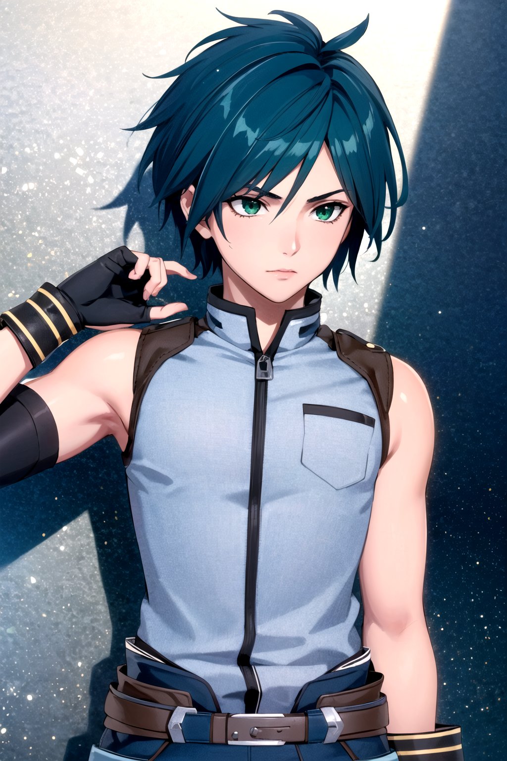 //Character, 1boy, solo,FaytLinegod_SO3, green eyes, blue hair, male focus, 
//Fashion, fingerless gloves, belt, weapon, sword, 
//Background, white background, 
//Quality, (masterpiece), best quality, ultra-high resolution, ultra-high definition, highres, intricate, intricate details, absurdres, highly detailed, finely detailed, ultra-detailed, ultra-high texture quality, natural lighting, natural shadow, dramatic shading, dramatic lighting, vivid colour, perfect anatomy, 
//Others, 