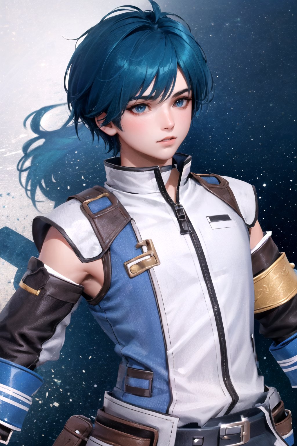 //Character, 1boy, solo,FaytLinegod_SO3, green eyes, blue hair, 
//Fashion, fingerless gloves, belt, weapon, sword, 
//Background, white background, 
//Quality, (masterpiece), best quality, ultra-high resolution, ultra-high definition, highres, intricate, intricate details, absurdres, highly detailed, finely detailed, ultra-detailed, ultra-high texture quality, natural lighting, natural shadow, dramatic shading, dramatic lighting, vivid colour, perfect anatomy, 
//Others, 