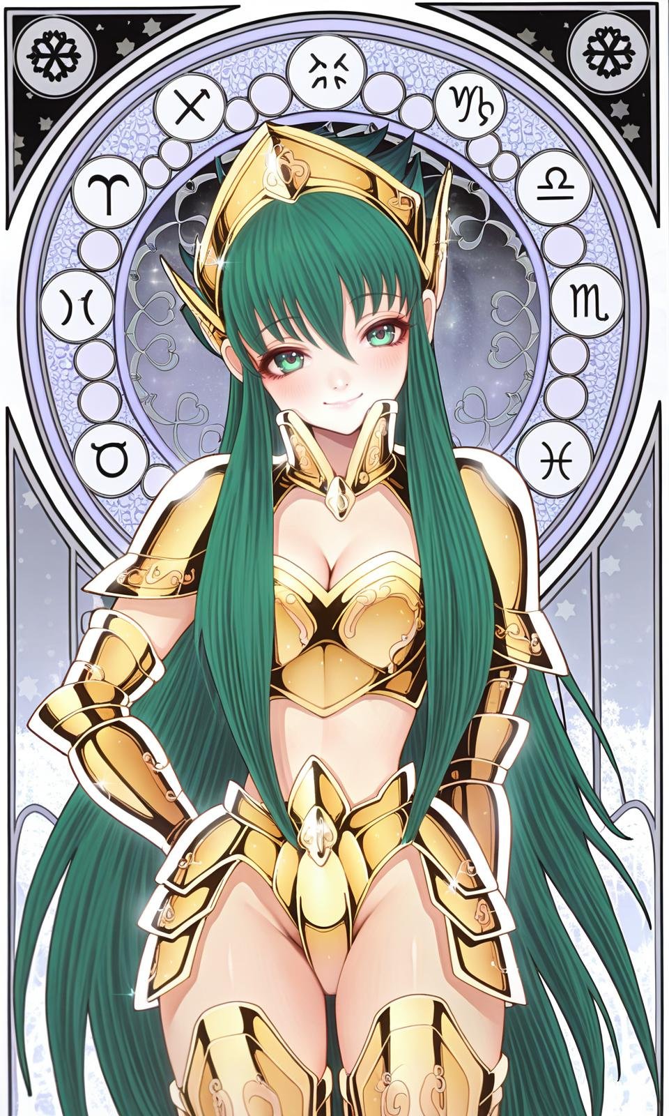 verseau_, 1girl, aquarius camus, gold armor, female, green hair, long hair, smile, solo, masterpiece, best quality,   <lora:GoldenAngel_xl:0.8>