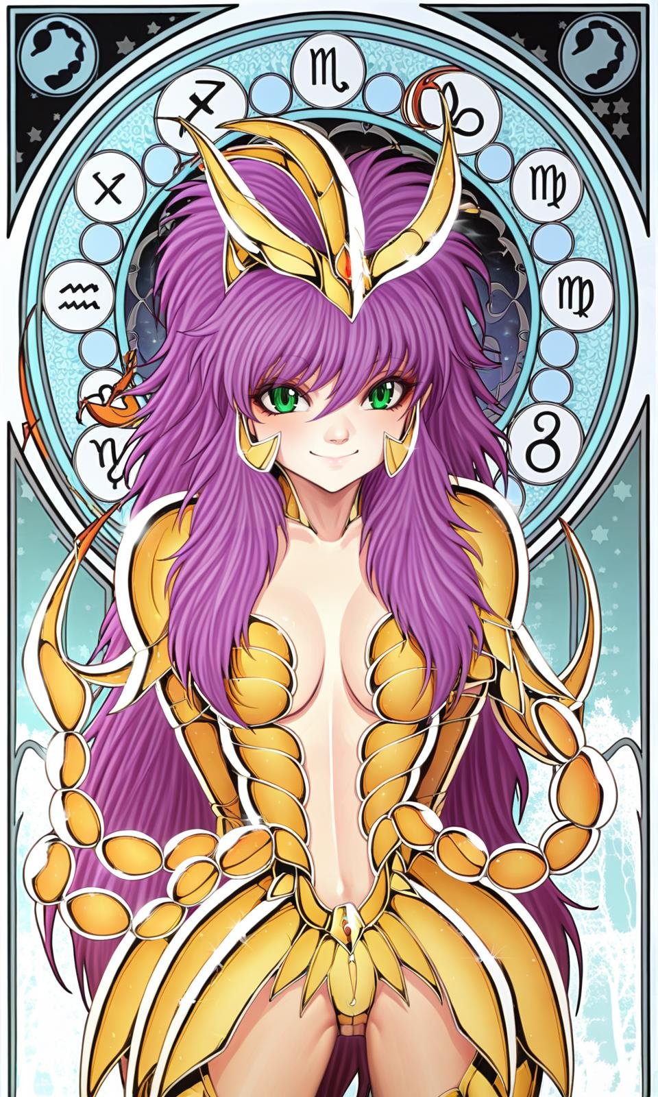 scorpion_, 1girl, scorpio milo, gold armor, female, green eyes, purple hair, long hair, scorpion tail, smile, solo, arms behind back, headdress, headwear, masterpiece, best quality,   <lora:GoldenAngel_xl:0.8>