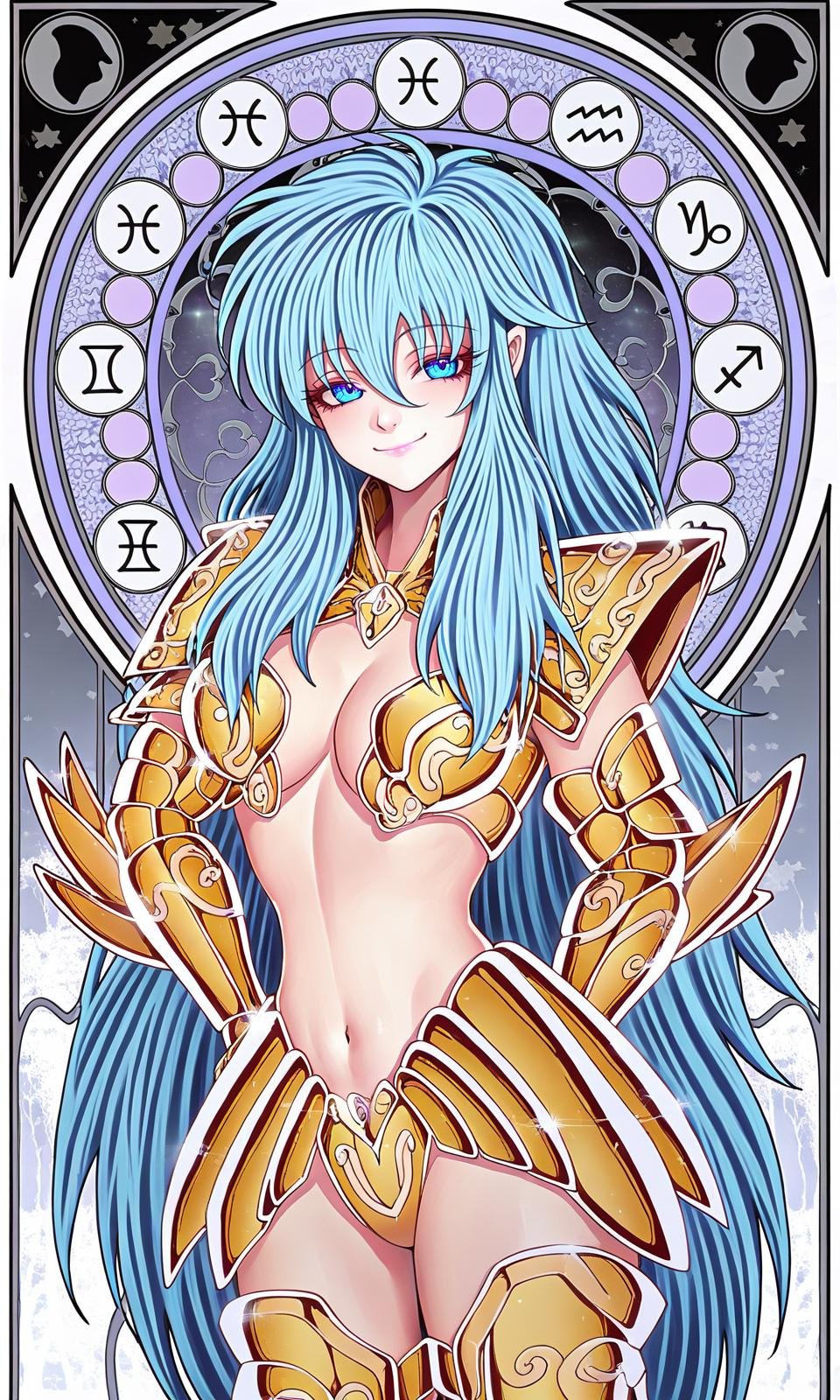 poisson_, 1girl, pisces aphrodite, gold armor, female, blue eyes, blue hair, long hair, smile, solo, masterpiece, best quality,   <lora:GoldenAngel_xl:0.8>