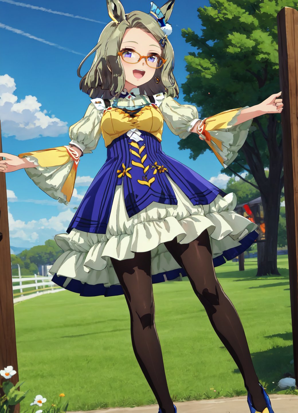 masterpiece, best quality, air_messiah\\(umamusume\\),1girl,hair ornament,horse ears, horse tail,sharp image quality as shown in the photo,best quality,ultra-detailed,detailed light,slim body,slim legs,slender body shape,slender,kawaii,cute girl,,smile, glasses, hair ornament, pantyhose, smile, full body(facing_another:1.2),open mouth,<lora:GoodHands-vanilla:1.0><lora:flat:-0.2> <lora:flat2:-0.2> <lora:air_messiah-v1:0.8>  