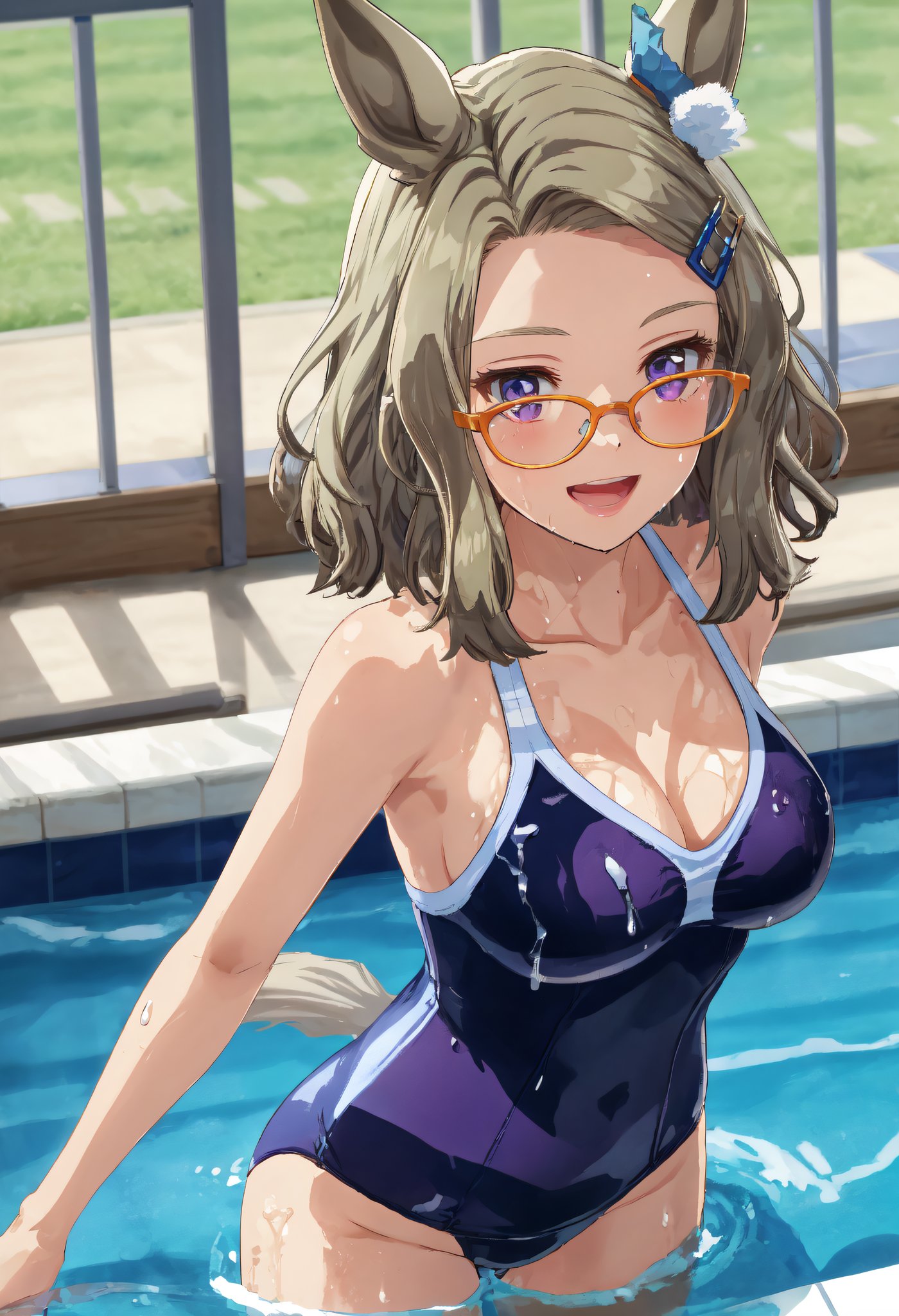 masterpiece, best quality, air_messiah\\(umamusume\\),1girl,hair ornament,horse ears, horse tail,glasses, sharp image quality as shown in the photo,best quality,ultra-detailed,detailed light,slim body,slim legs,collarbones,slender body shape,slender,kawaii,cute girl,,smile,swimsuit,shining sun,wet and shining swimsuit,wire mesh fence,pool with a visible school building,((swimming:1.0)),(facing_another:1.2),open mouth,cleavage,(water splash:1.2),<lora:GoodHands-beta2:1.0><lora:flat:-0.2> <lora:flat2:-0.2> <lora:air_messiah-v1:0.6> 