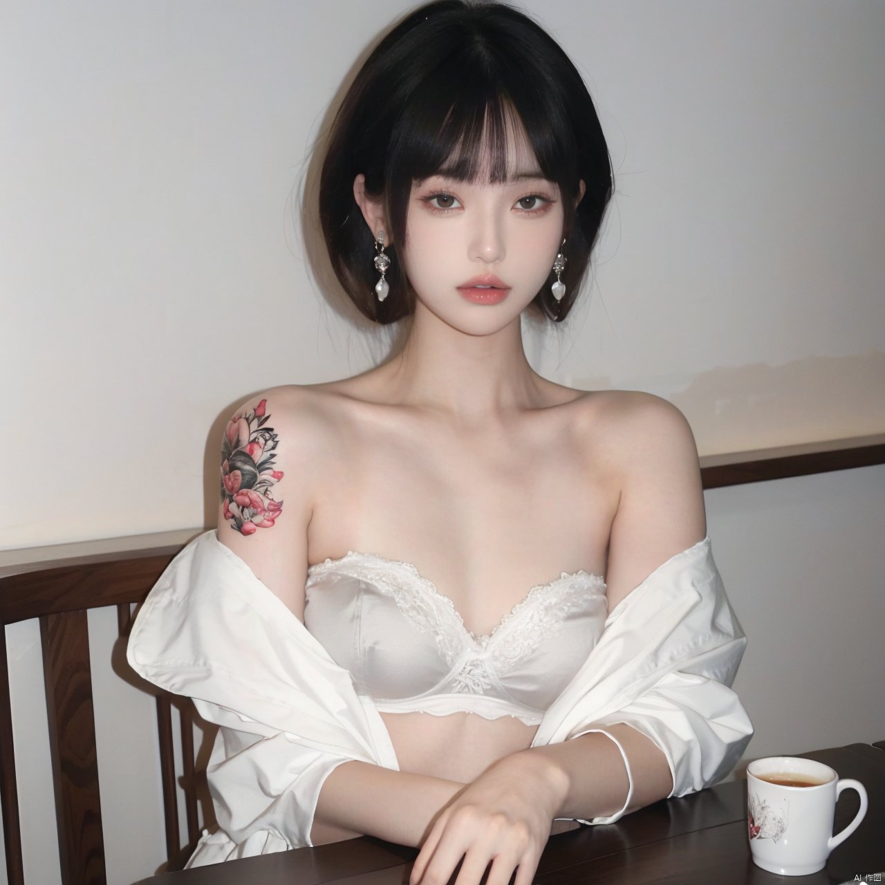  1girl, solo, looking at viewer, short hair, bangs, black hair, jewelry, sitting, jacket, upper body, earrings, blunt bangs, cup, lips, white Bra,white  small amount of dress lace, grey eyes, strapless, tattoo, chair, table, bandeau, tube top, arm tattoo, A girl with a tattoo on her right should,clean background, Light master