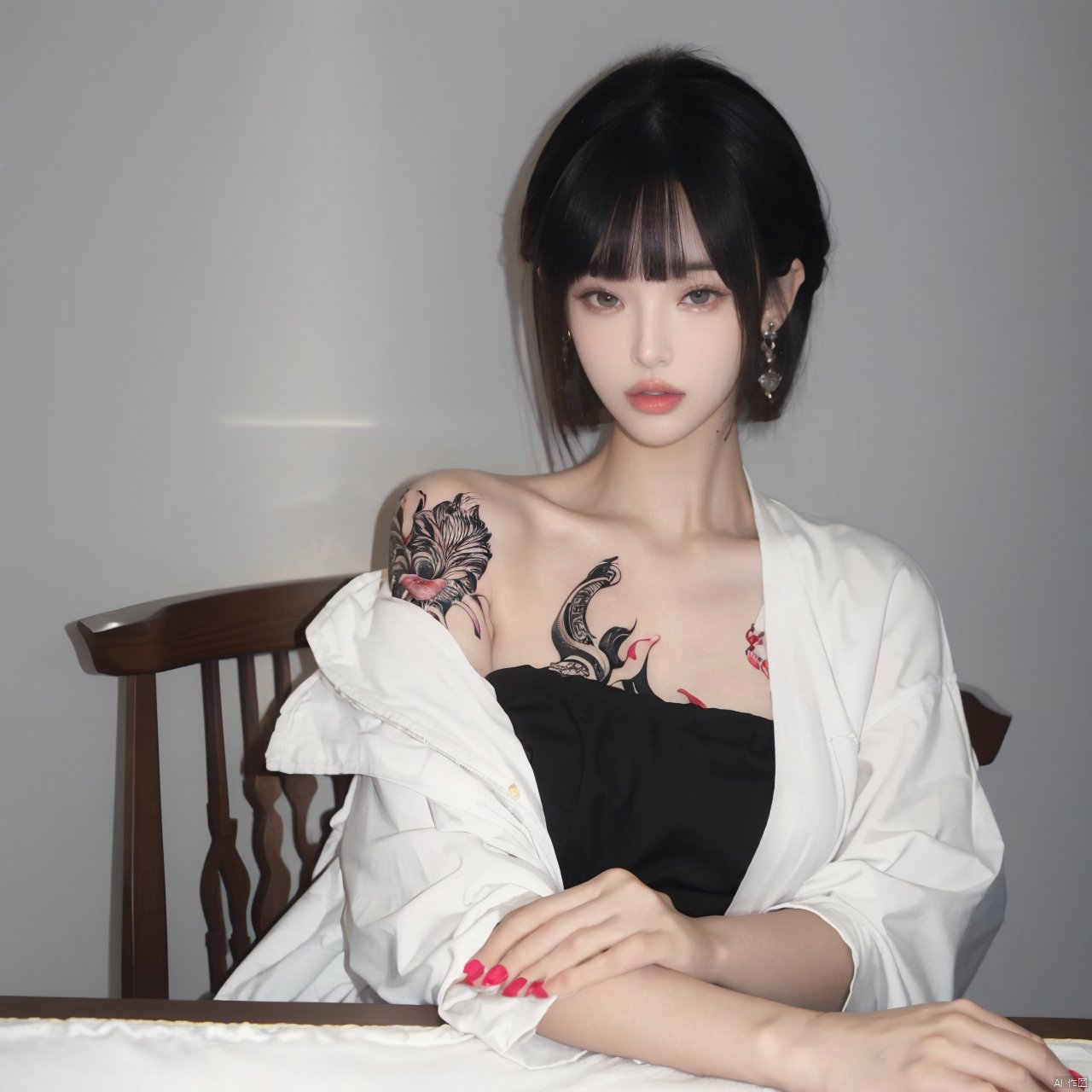  1girl, solo, looking at viewer, short hair, bangs, black hair, jewelry, sitting, jacket, upper body, earrings, blunt bangs, cup, lips, white jacket, grey eyes, strapless, tattoo, chair, table, bandeau, white tube top, arm tattoo, A girl with a tattoo on her right should,clean background, Light master