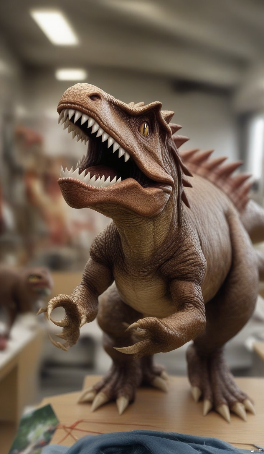 solo,open_mouth,standing,tail,full_body,teeth,blurry,pokemon_\(creature\),no_humans,blurry_background,sharp_teeth,T-rex,photo,8k,highly detailed,digital photography,hdr,realistic,high definition,Sewing dol