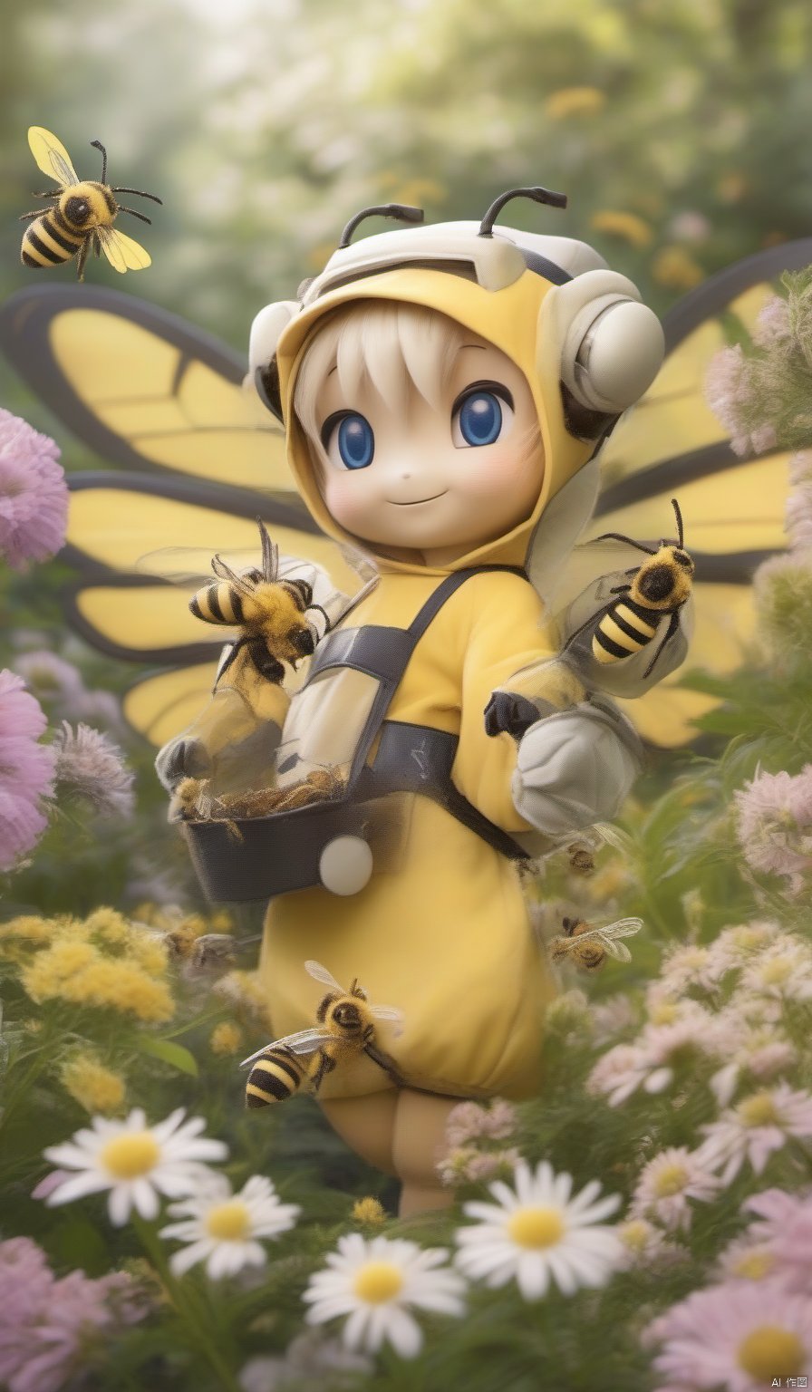  BJ_Sewing_doll,solo,pokemon_\(creature\),no_humans,photo,8k,highly detailed,digital photography,hdr,realistic,high definition,,bees gather honey in the garden,flower