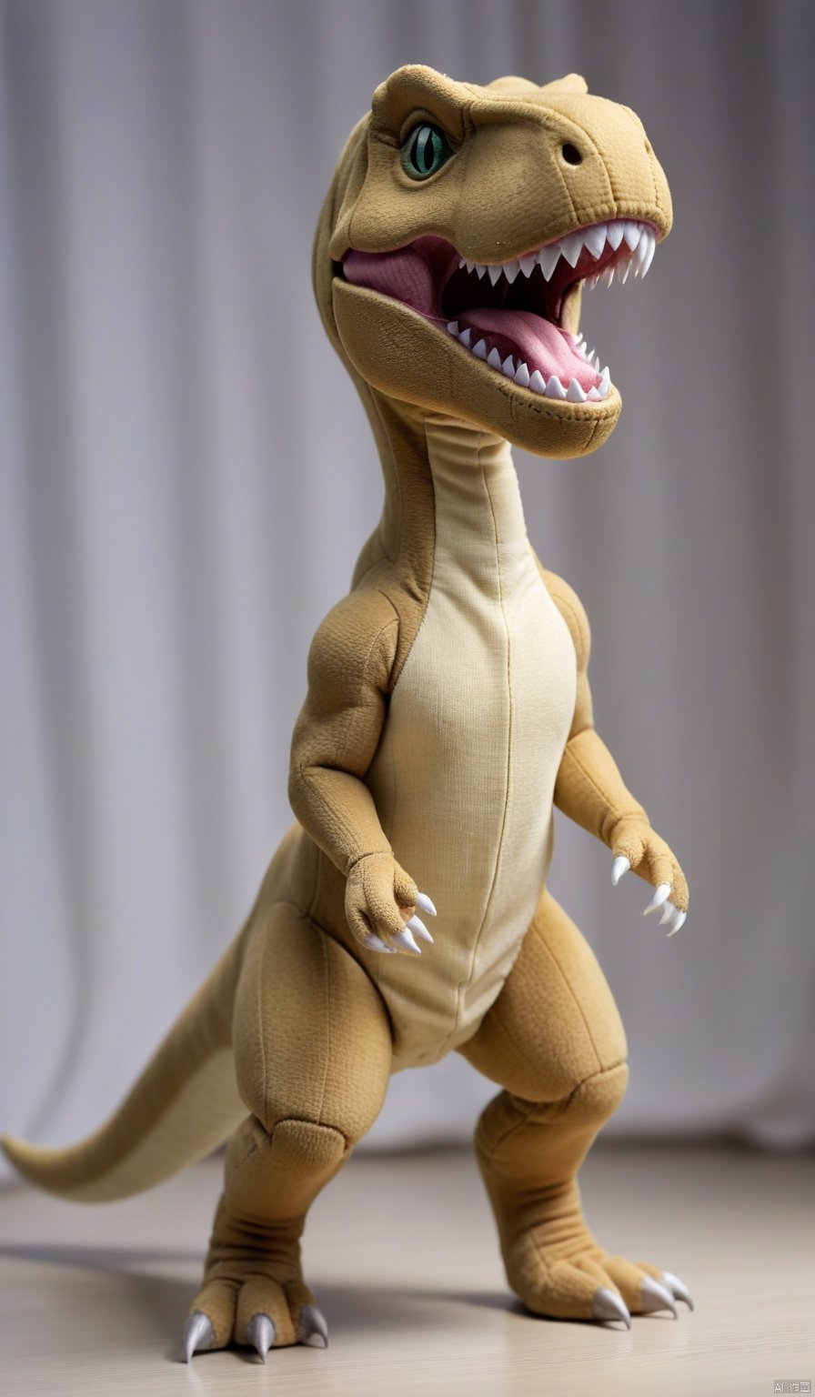 BJ_Sewing_doll,solo,open_mouth,standing,tail,full_body,teeth,blurry,pokemon_\(creature\),no_humans,blurry_background,sharp_teeth,T-rex,photo,8k,highly detailed,digital photography,hdr,realistic,high definition