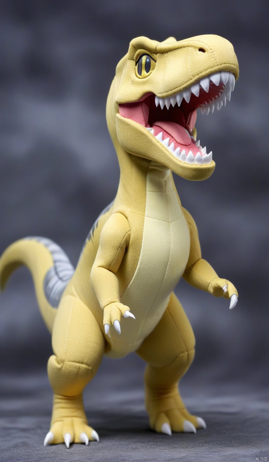 BJ_Sewing_doll,solo,open_mouth,standing,tail,full_body,teeth,blurry,pokemon_\(creature\),no_humans,blurry_background,sharp_teeth,T-rex,photo,8k,highly detailed,digital photography,hdr,realistic,high definition