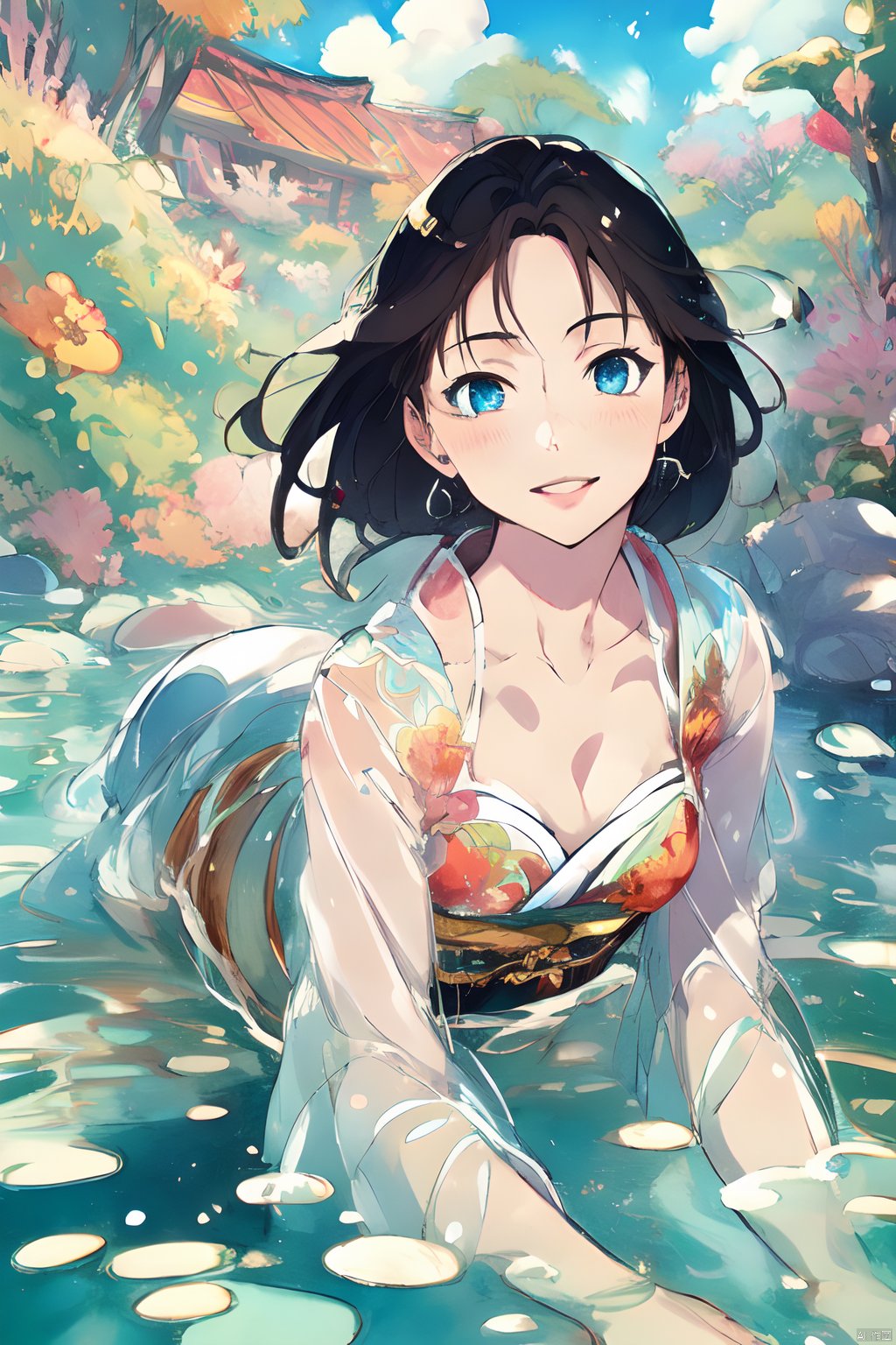  (Masterpiece:1.2), (high quality),(Pixiv:1.4),fansty world,(Delicate background),outdoor,water,floating,colorful world,kimono,beautiful face,1girl,anime,girl,Chinese style,watercolor