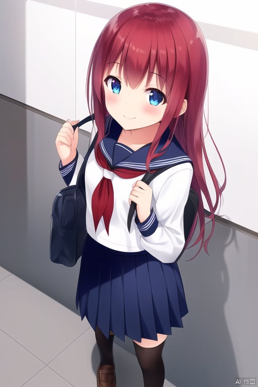  petite,1girl, solo, long hair, looking at viewer, blush, smile, skirt, thighhighs, long sleeves, holding, school uniform, standing, full body, red hair, pleated skirt, shoes, serafuku, black thighhighs, bag, blue skirt, zettai ryouiki, neckerchief, loafers, school bag, holding bag