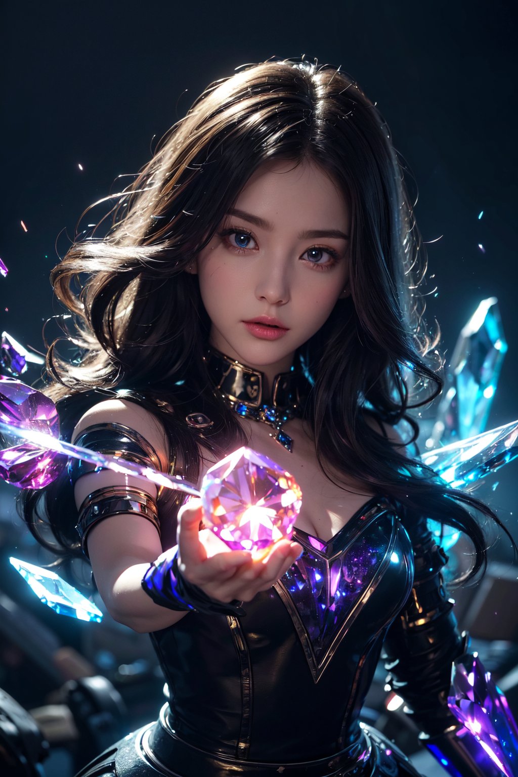 Masterpiece, Best quality, 8K, Absurdres, Highly detailed, Studio lighting, Ultra-fine painting, Sharp focus, by FuturEvoLab, Extreme detail description, Professional, Vivid Colors, Bokeh, 
Crystal cave background, super cool magic effects, super beautiful crystal ore,