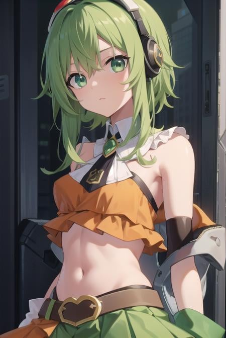 vocaloidgumi, <lora:gumitest:1>,gumi, (green eyes:1.5), green hair, medium hair, sidelocks,BREAK bare legs, belt, brooch, frilled skirt, frills, goggles, goggles on head, green skirt, green tube top, headphones, high heels, jacket, jewelry, layered skirt, orange footwear, orange jacket, orange skirt, pleated skirt, red goggles, shirt, skirt, strapless, tube top, yellow shirt,BREAK looking at viewer,BREAK outdoors, city,BREAK <lora:GoodHands-vanilla:1>, (masterpiece:1.2), best quality, high resolution, unity 8k wallpaper, (illustration:0.8), (beautiful detailed eyes:1.6), extremely detailed face, perfect lighting, extremely detailed CG, (perfect hands, perfect anatomy),