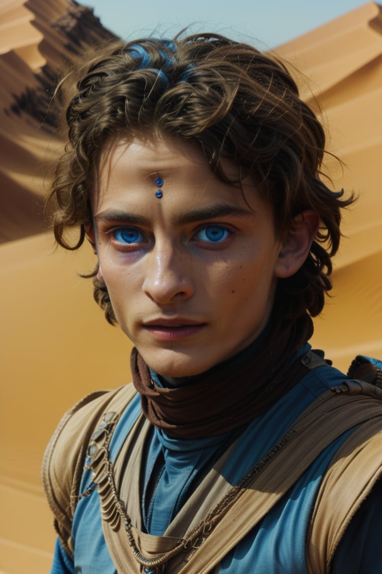 masterpiece, best quality, dune, desert costume, blue eyes, white skin, a yound man, Timothée Chalamet,blue_eyes,more detail XL