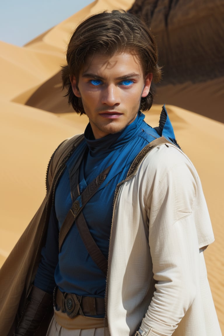 masterpiece, best quality, dune, desert costume, blue eyes, white skin, a yound man,blue_eyes,more detail XL,ohwx