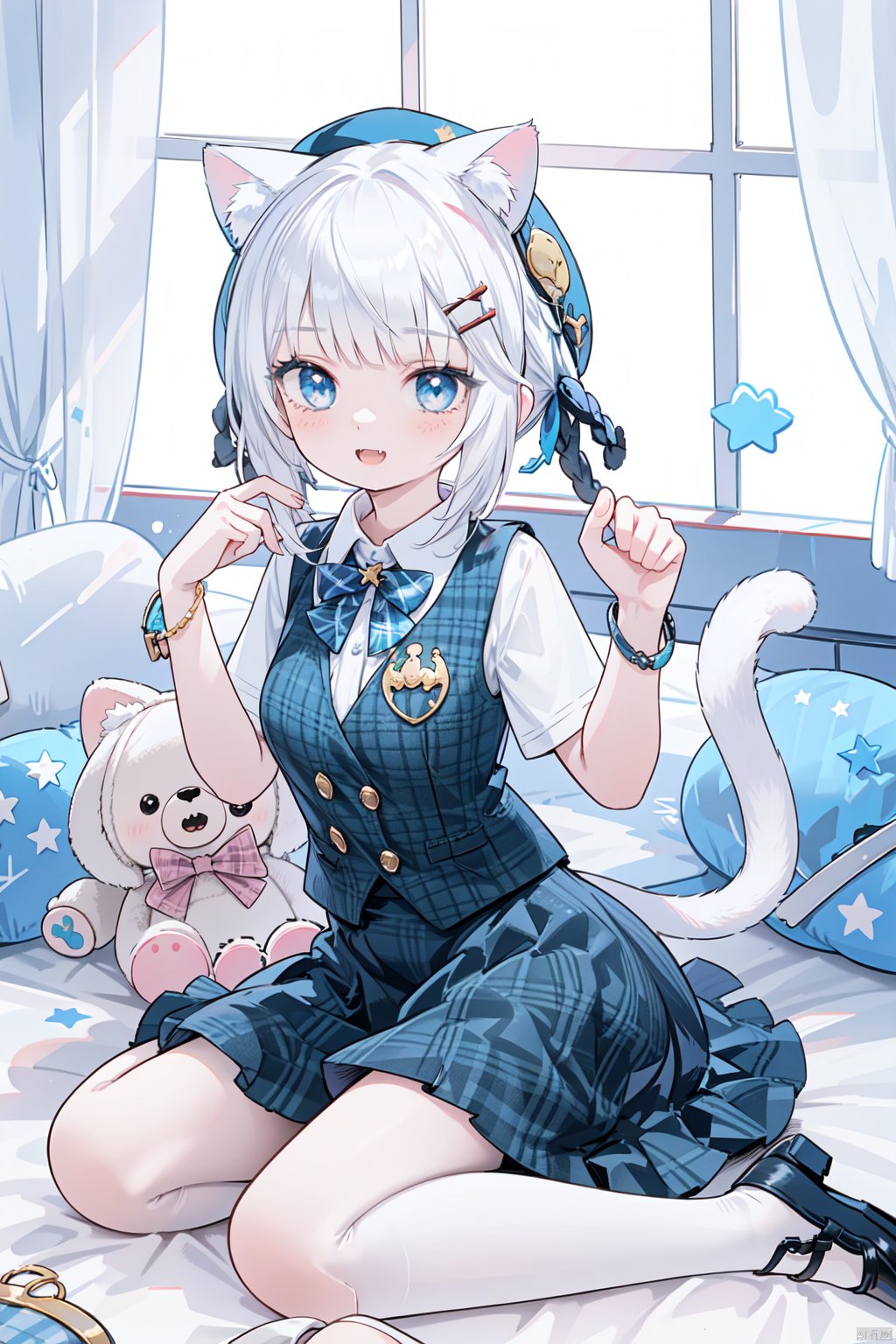 bangbi, 1girl, blue eyes, wariza, sitting, tail, hair ornament, socks, solo, looking at viewer, white hair, cat tail, open mouth, skirt, hat, shirt, plaid, tail ornament, animal ears, window, indoors, white shirt, cat ears, paw pose, shoes, bangs, black footwear, short sleeves, fang, vest, bow, between legs, stuffed toy, grey socks, string of flags, blue bow, blue headwear, hairclip, stuffed cat, x hair ornament, black socks, smile, hand between legs, stuffed animal, jewelry, kneehighs, hand up, star \(symbol\), blue skirt, cat, bangbi