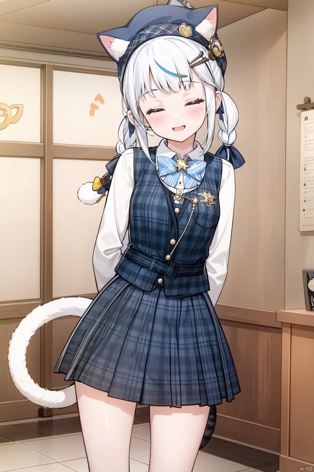  bangbi, 1girl, solo, tail, closed eyes, plaid, cat tail, hat, indoors, smile, white hair, tail ornament, plaid skirt, skirt, animal ears, arms behind back, braid, cat ears, bangs, facing viewer, leaning forward, shirt, hair ornament, open mouth