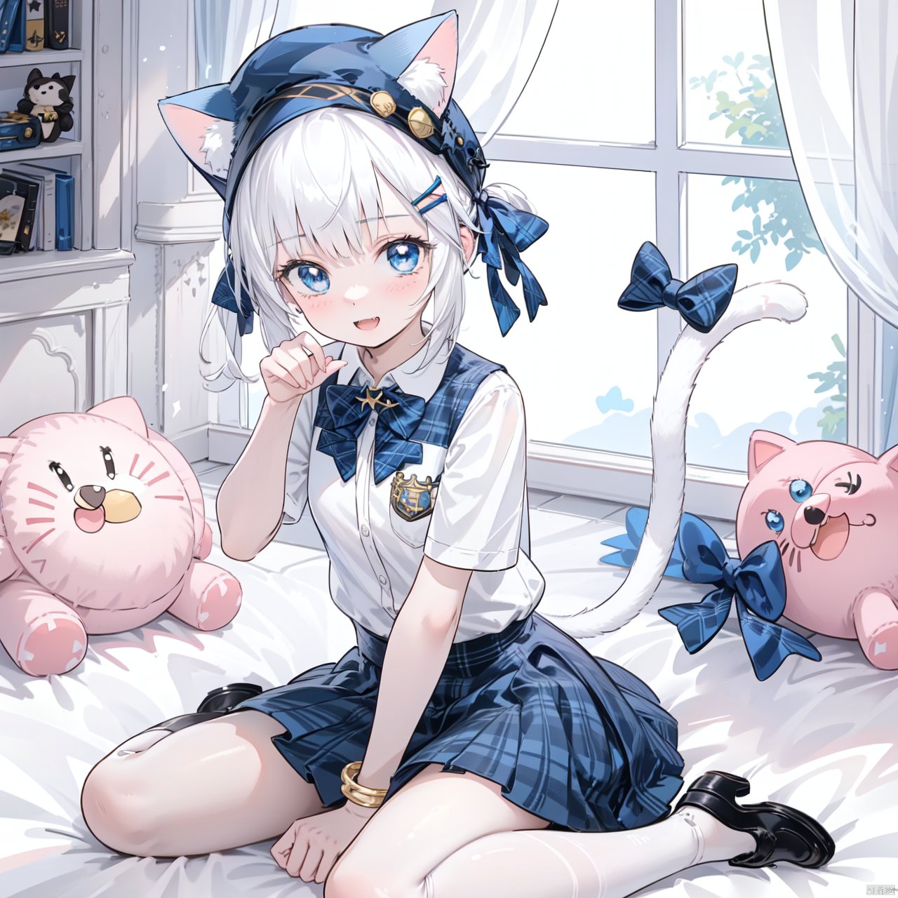  bangbi, 1girl, blue eyes, wariza, sitting, tail, hair ornament, socks, solo, looking at viewer, white hair, cat tail, open mouth, skirt, hat, shirt, plaid, tail ornament, animal ears, window, indoors, white shirt, cat ears, paw pose, shoes, bangs, black footwear, short sleeves, fang, vest, bow, between legs, stuffed toy, grey socks, string of flags, blue bow, blue headwear, hairclip, stuffed cat, x hair ornament, black socks, smile, hand between legs, stuffed animal, jewelry, kneehighs, hand up, star \(symbol\), blue skirt, cat, bangbi