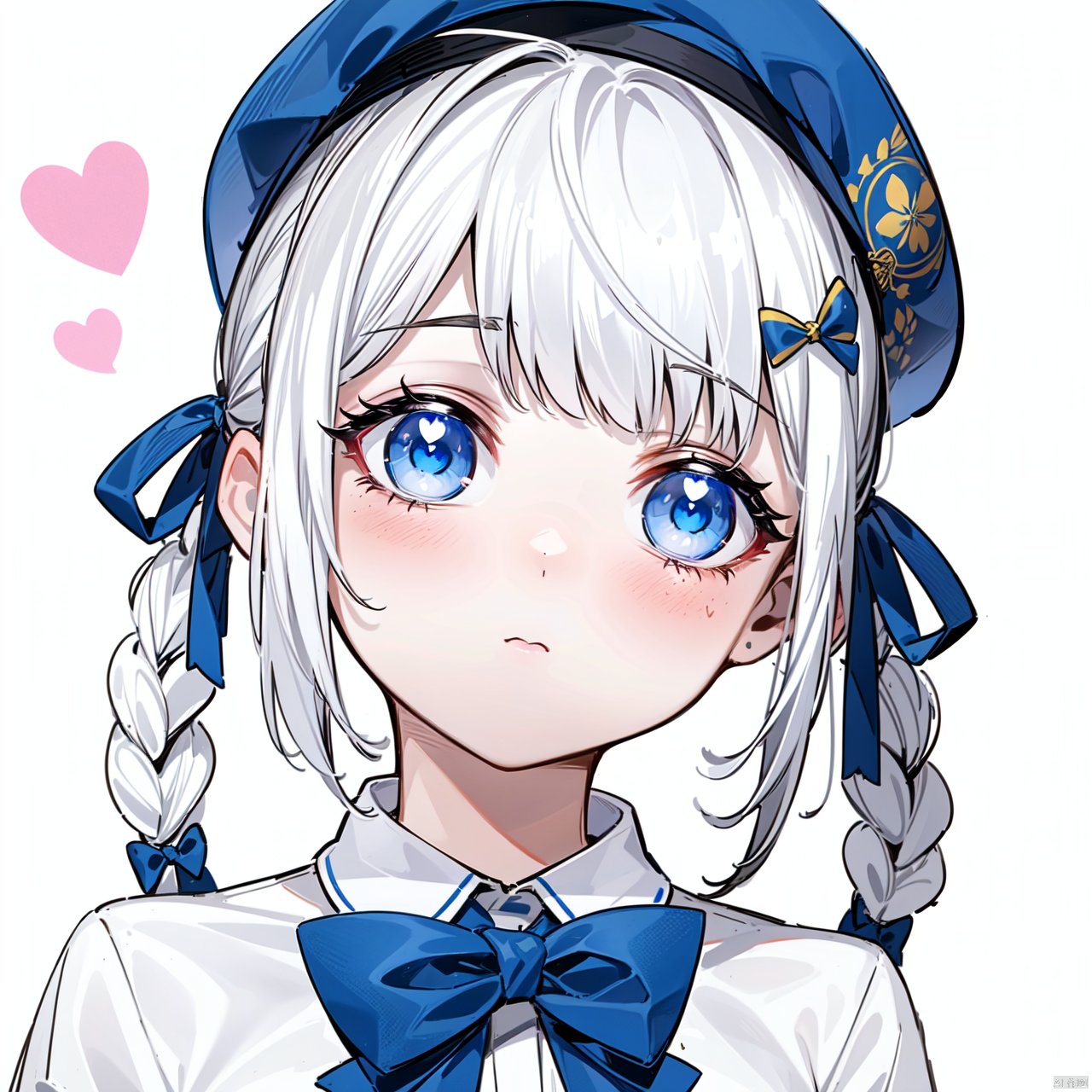  bangbi, 1girl, solo, blue eyes, hat, bow, shirt, heart, blue bowtie, looking at viewer, white shirt, upper body, bowtie, white hair, closed mouth, ribbon, braid, blue bow, hair ornament, symbol-shaped pupils, collared shirt, x hair ornament, bangs, hair ribbon, blue ribbon, hairclip, heart-shaped pupils,