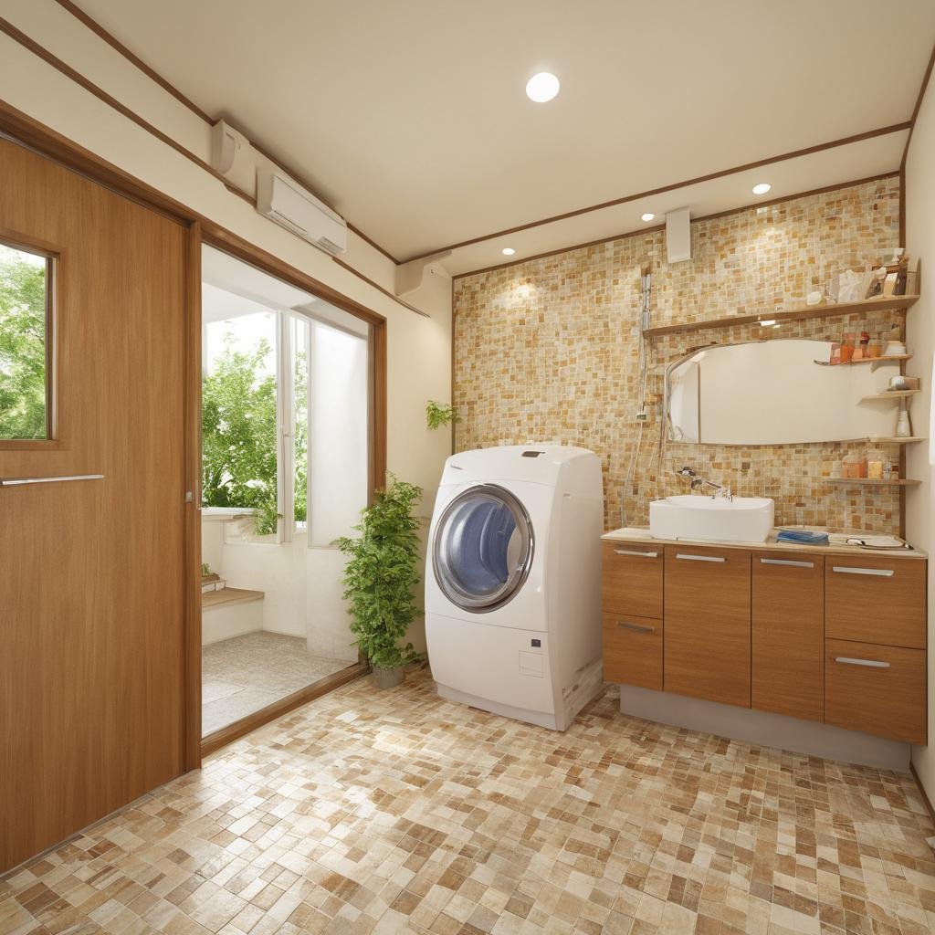 masterpiece, best quality, ultra-detailed, illustration,JML, scenery, door, indoors, washing machine, window, tiles, electrical outlet, realistic, photo (medium), photo background <lora:JMF_SDXL_V1:1>